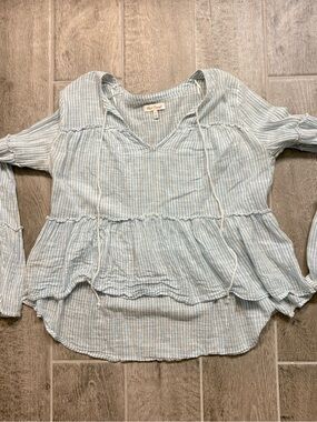 Boho Light Blue Striped High Low Peasant Tunic Size Small